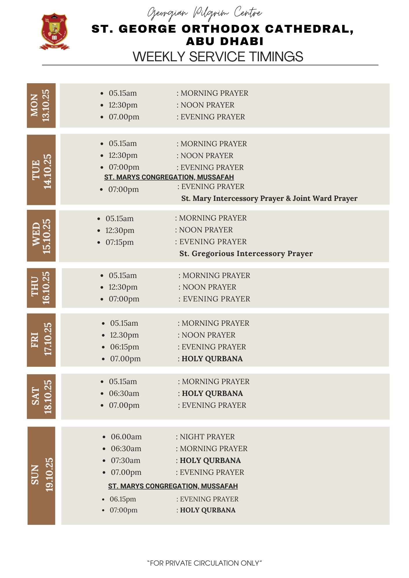 Weekly Service Timing_ 13th Oct to 19th Oct 2025