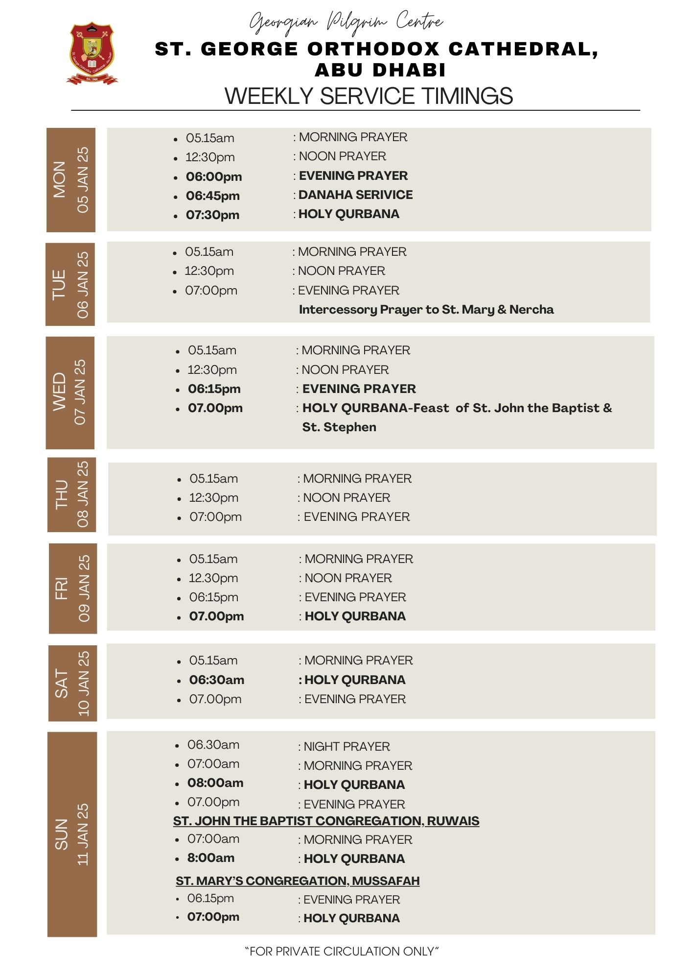 Weekly Service Timings (05 Jan -11 Jan 2025)