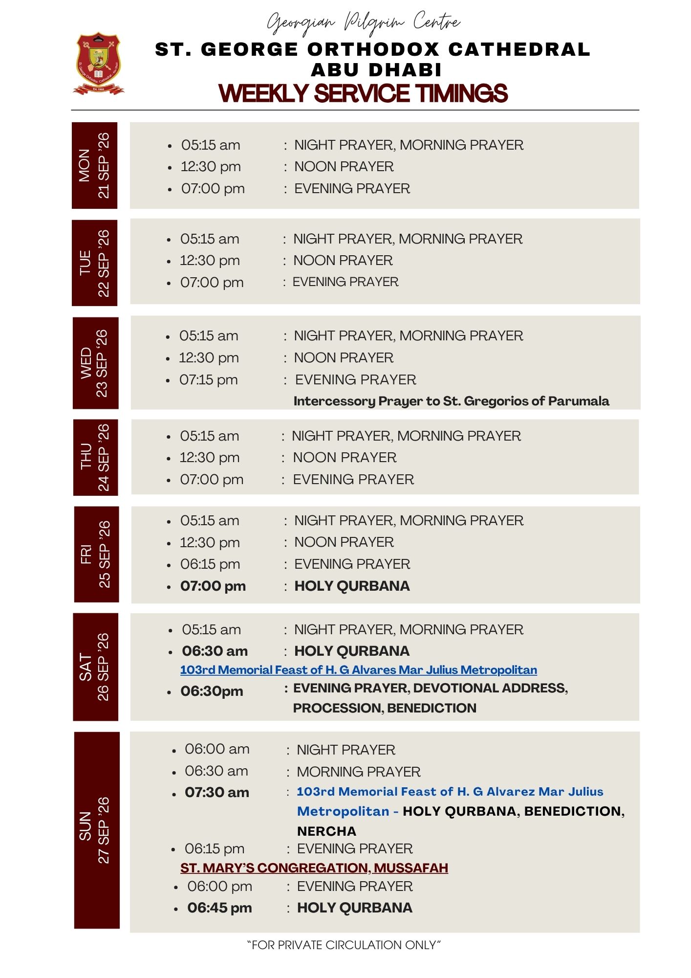 Weekly Service Timing (21 Sep - 27 Sep'26)