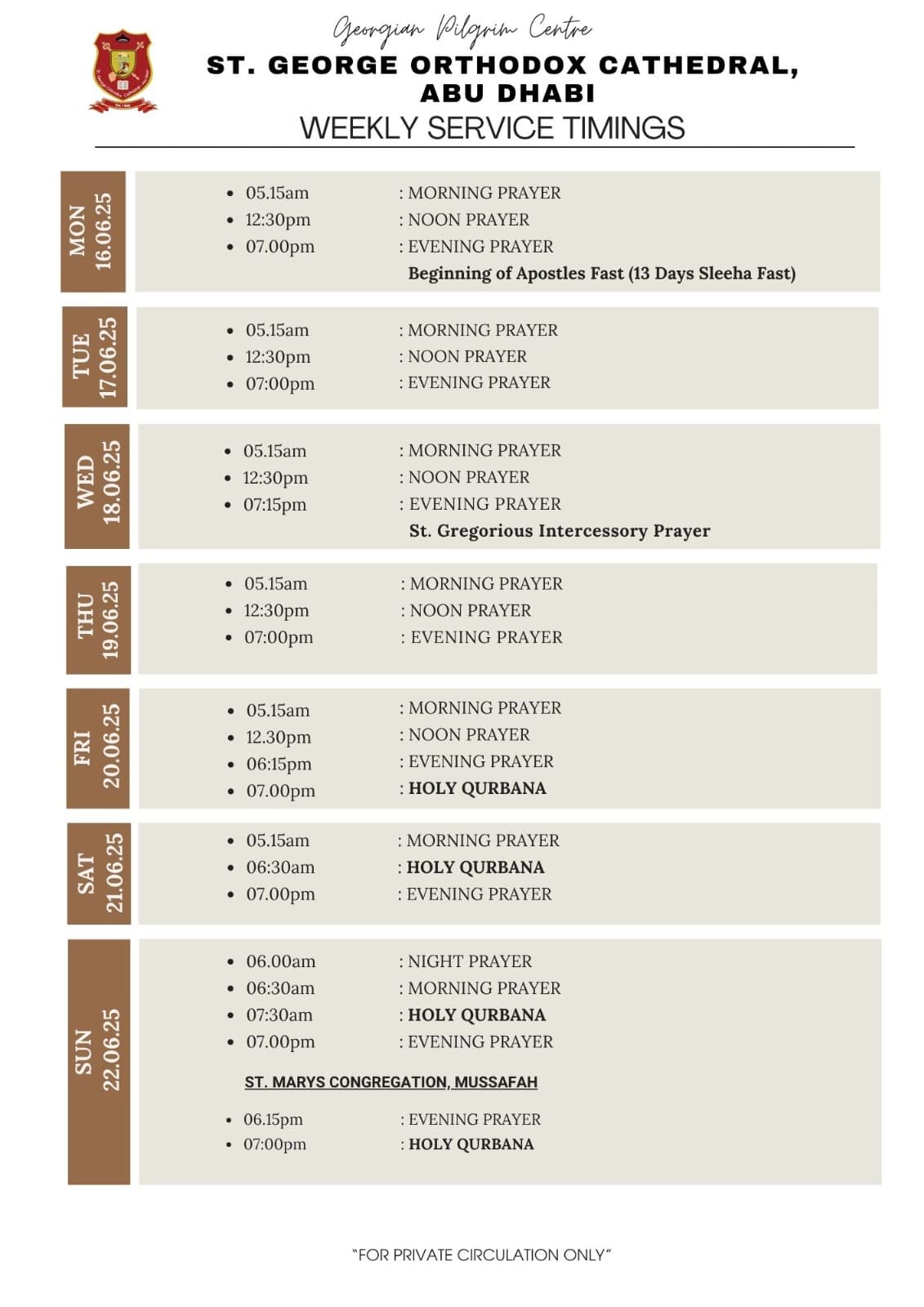 16 June- 22June 2025 Weekly Service Schedule