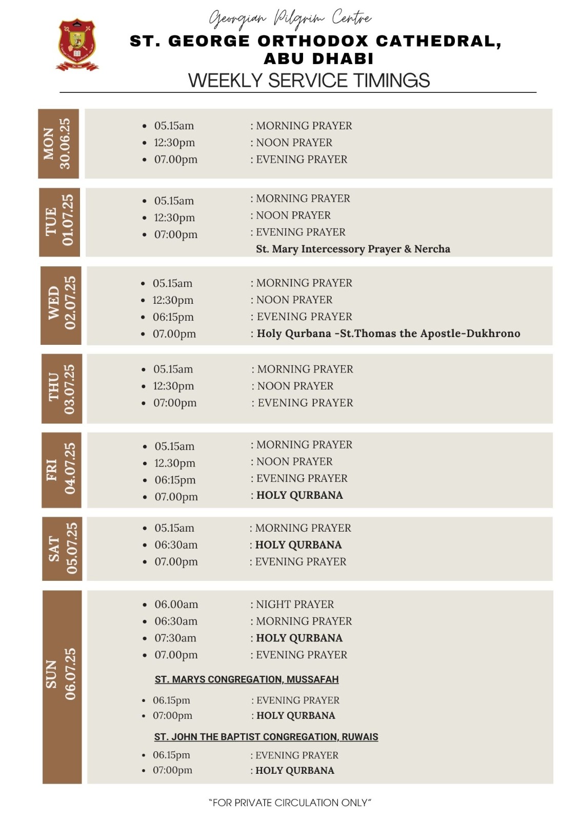 30 June- 06 July 2025 Weekly Service Schedule