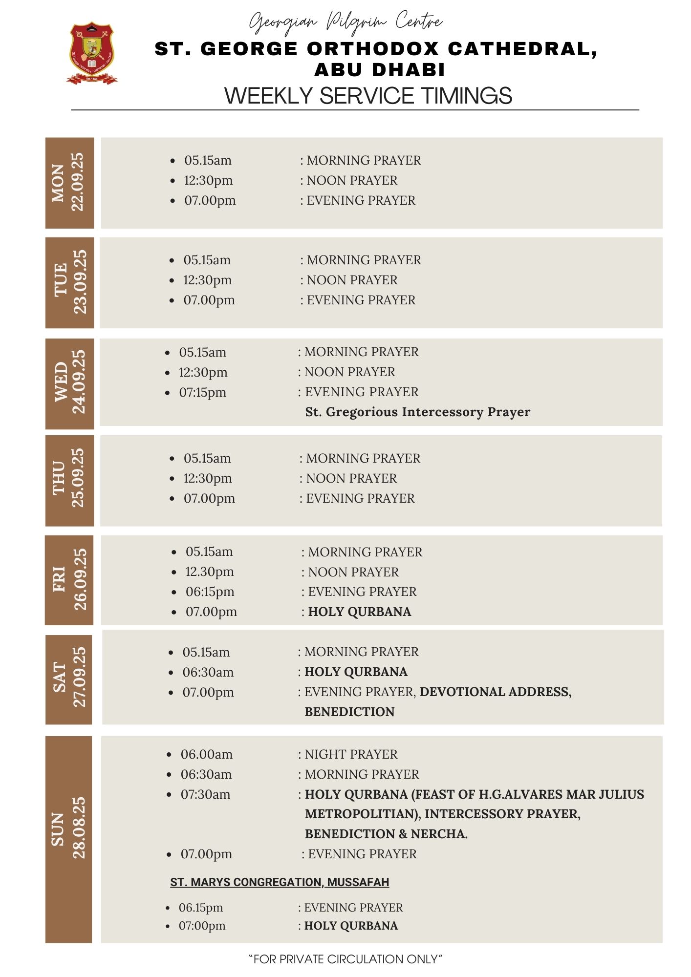 Weekly Service Timing_22nd Sep to 28th Sep 2025