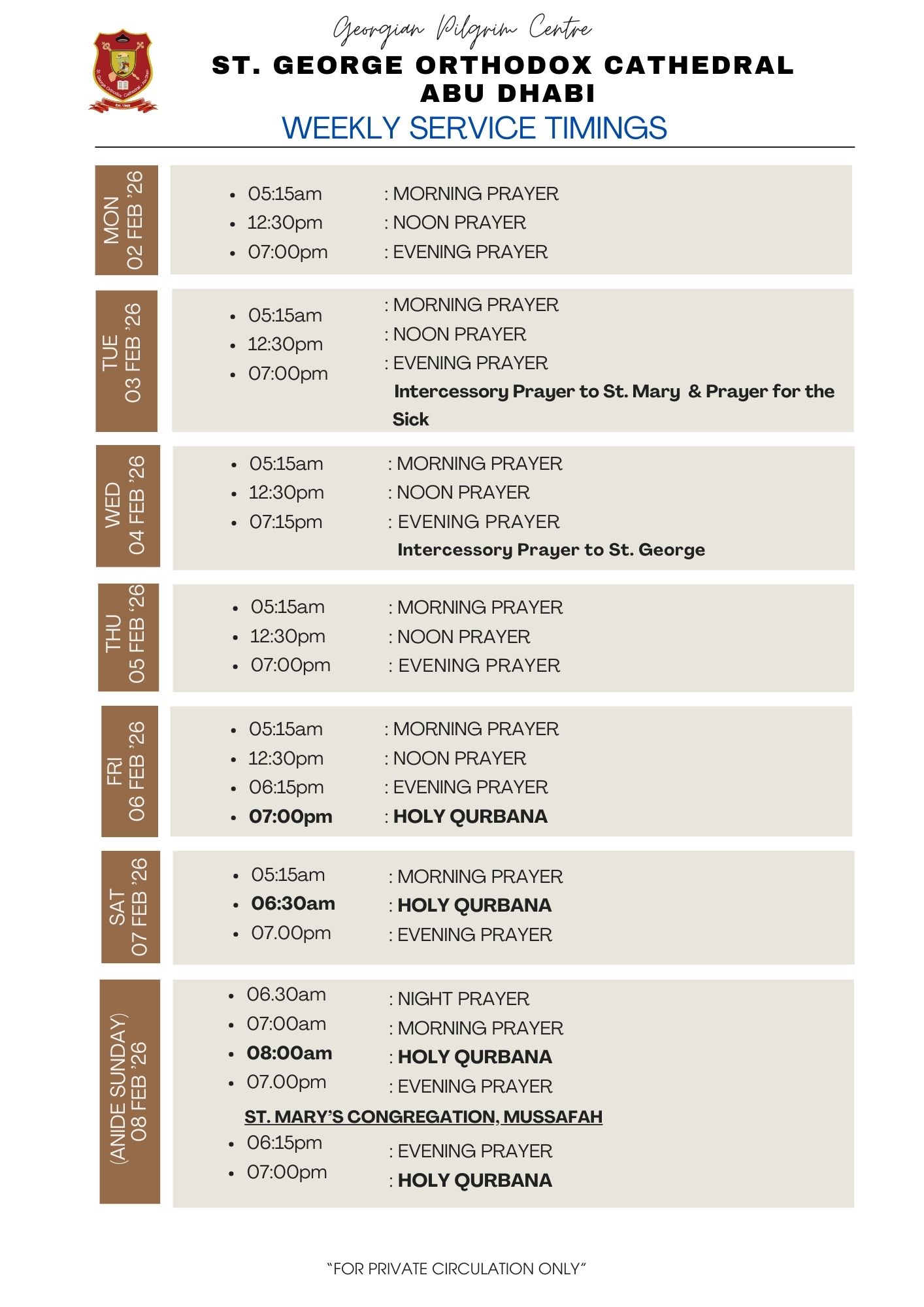 Weekly Service Timing (02 Feb - 08 Feb '26)
