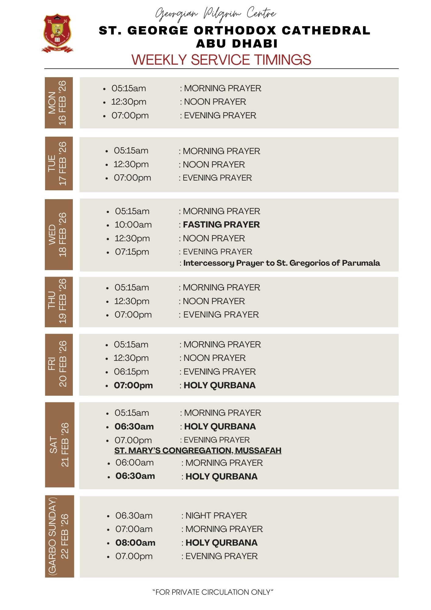 Weekly Service Timing (16 Mon Feb to 22 Sun)