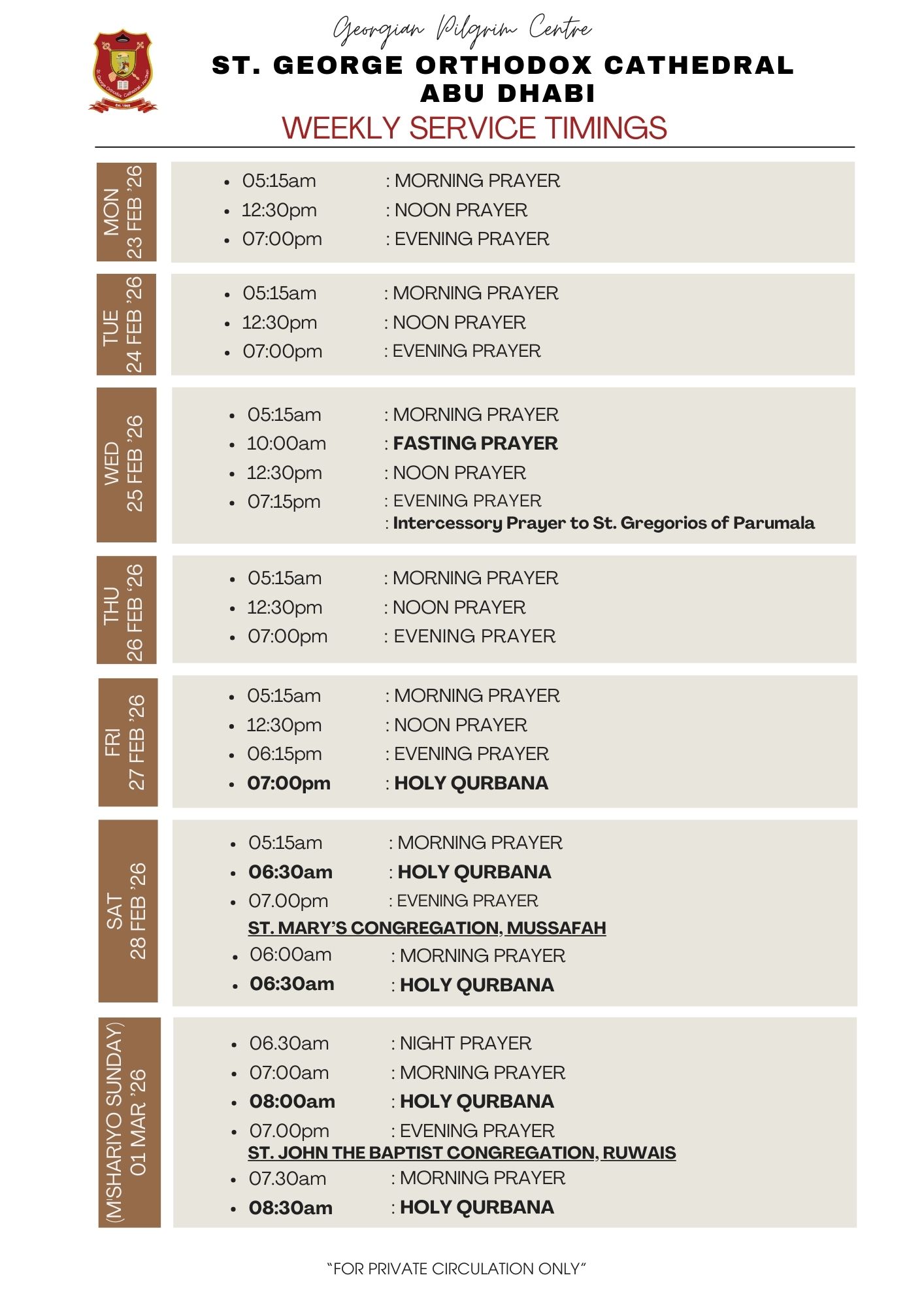 Weekly Service Timing (23 Sun - 01Mar)