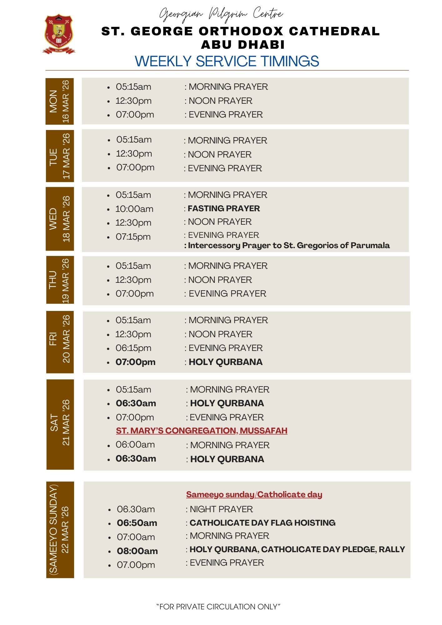 Weekly Service Timing (16 Mon - 22 Sun March'26)