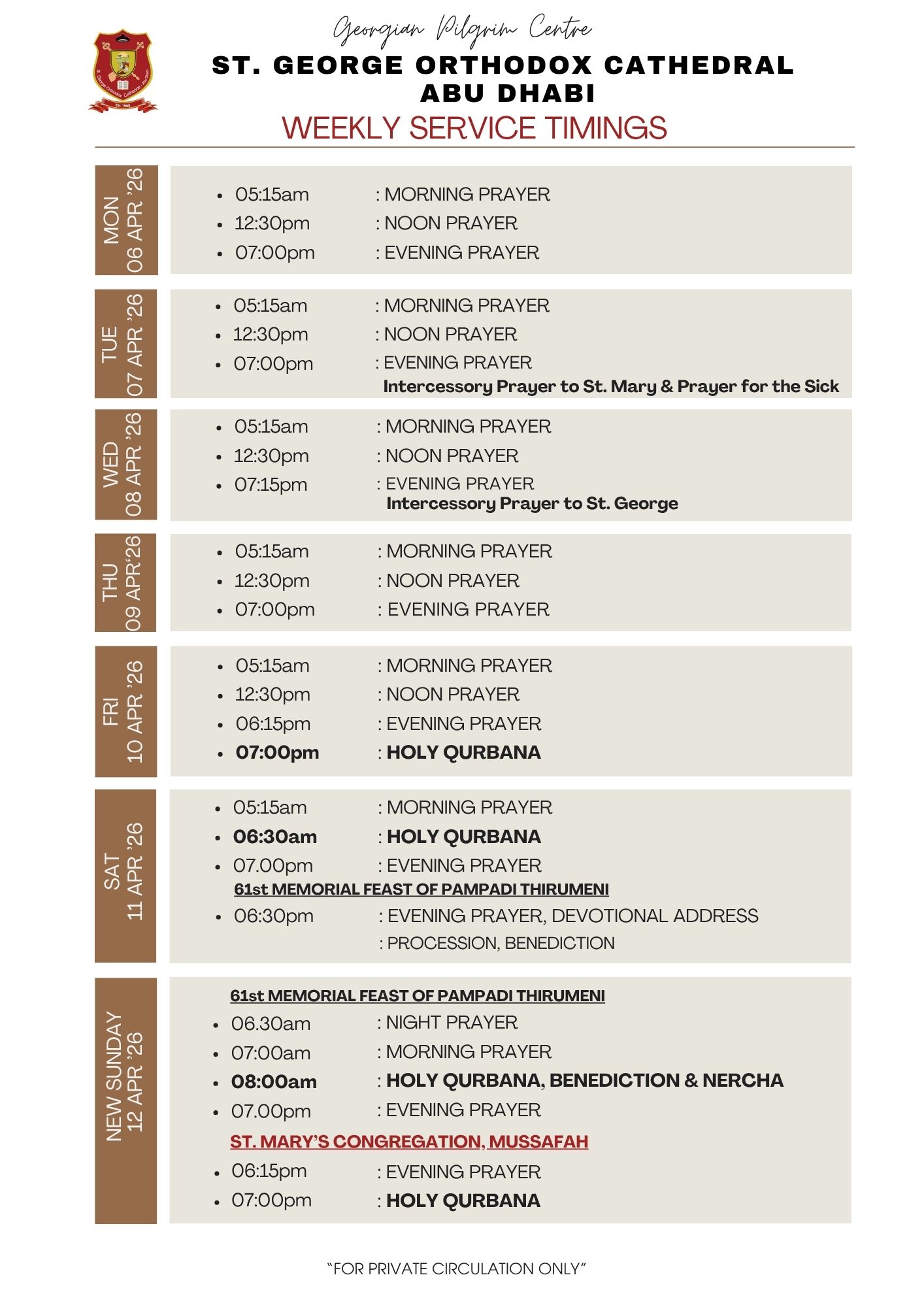 Weekly Service Timing (06 Mon to 12 Sun April '26)