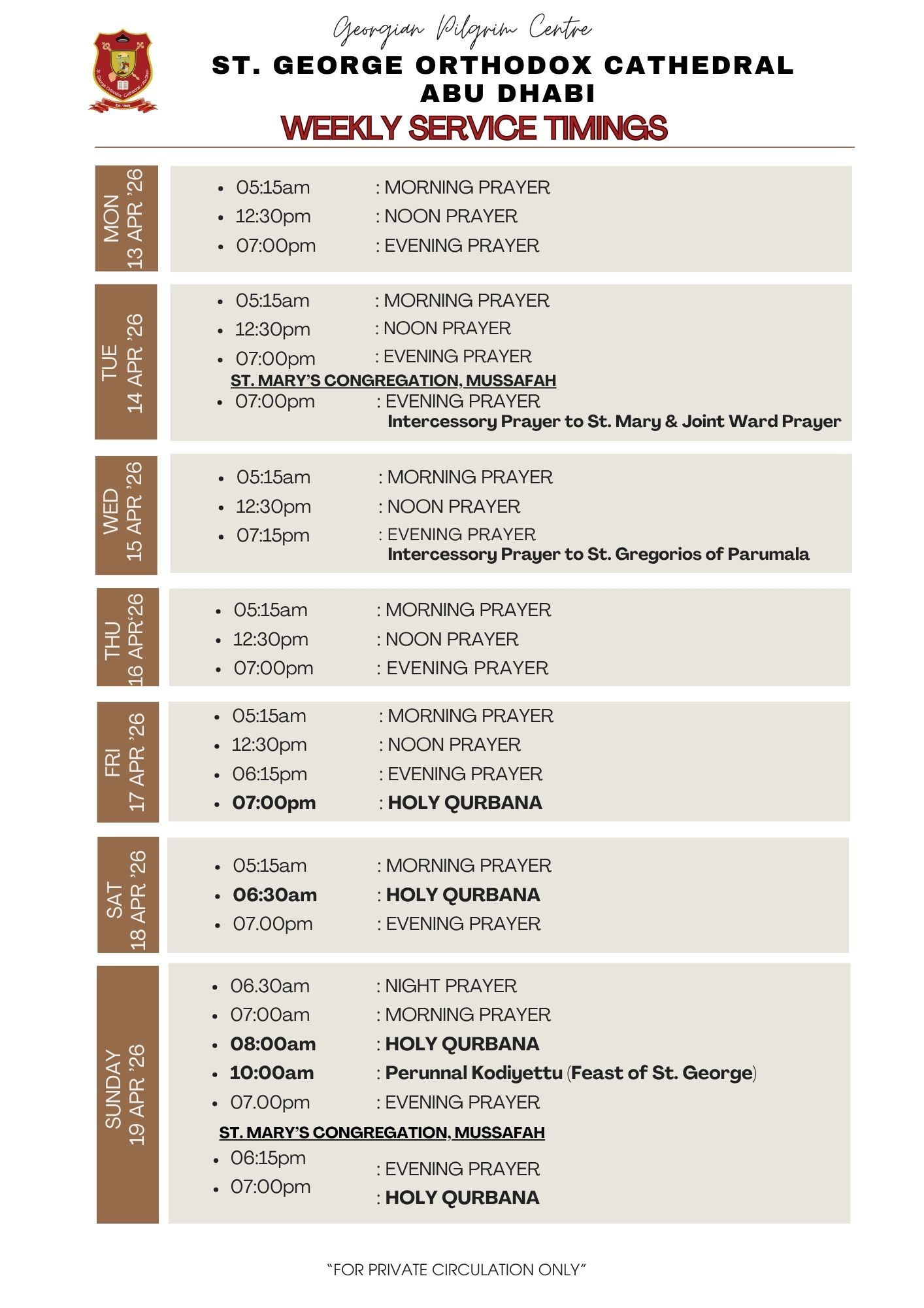 Weekly Service Timing ( 13 Mon - 19 Sun April'26)