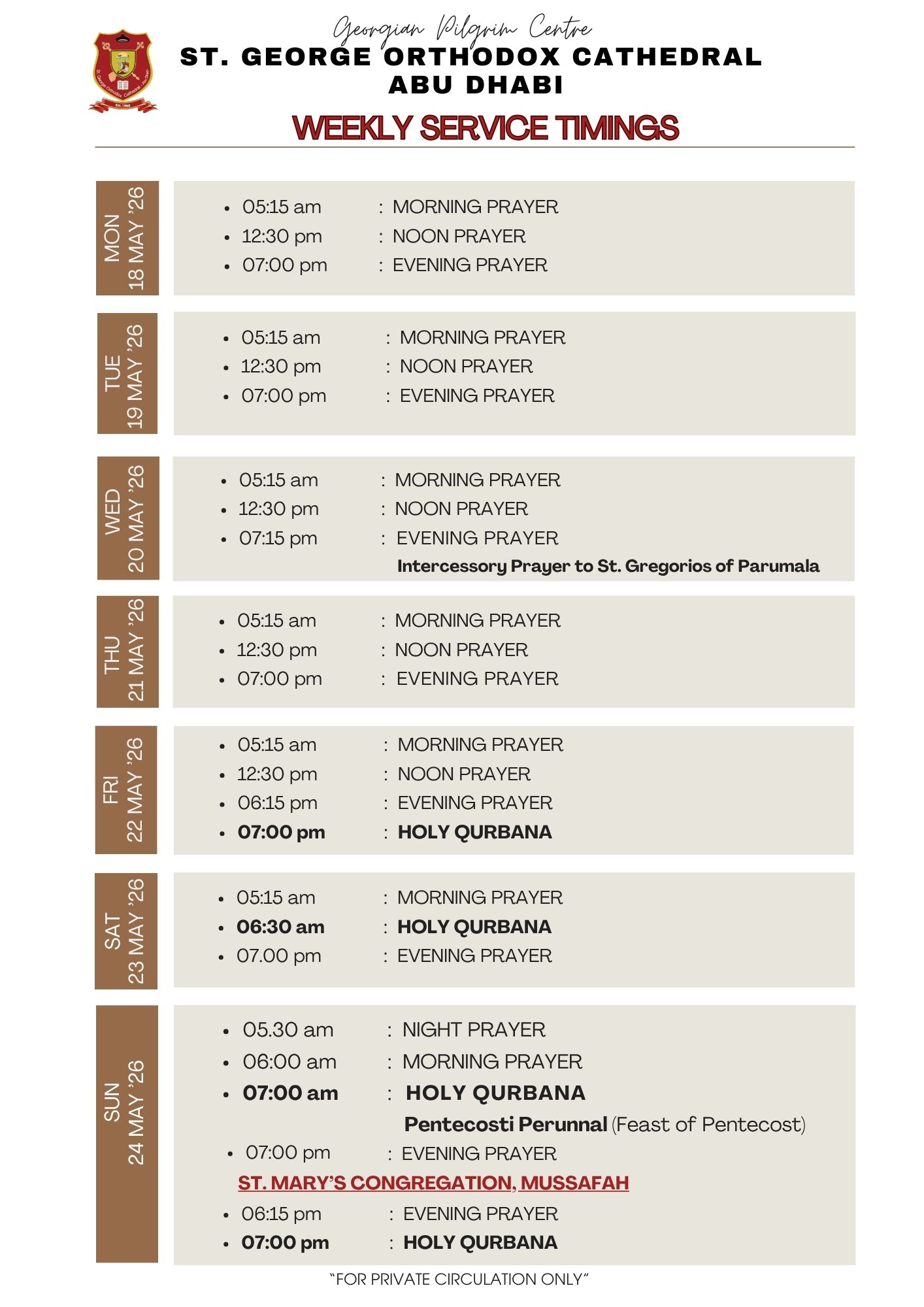 Weekly Service Timing (18 May - 24 May)