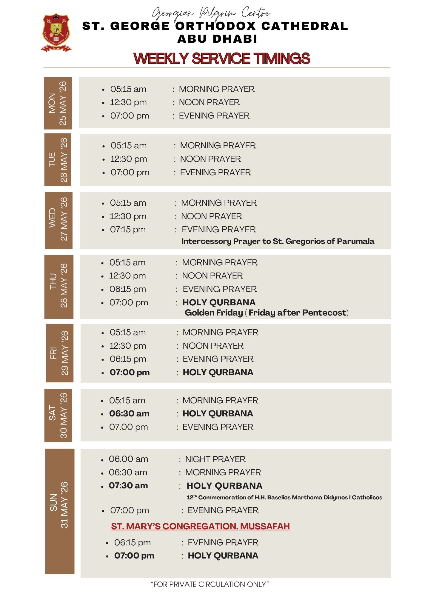 Weekly Service Timing (25 May - 31 May)