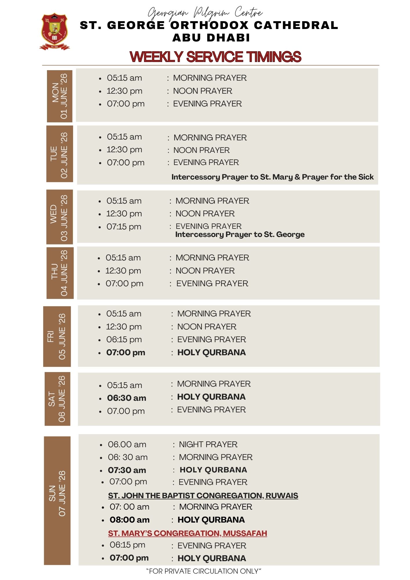 Weekly Service Timing (01 June - 07 June)