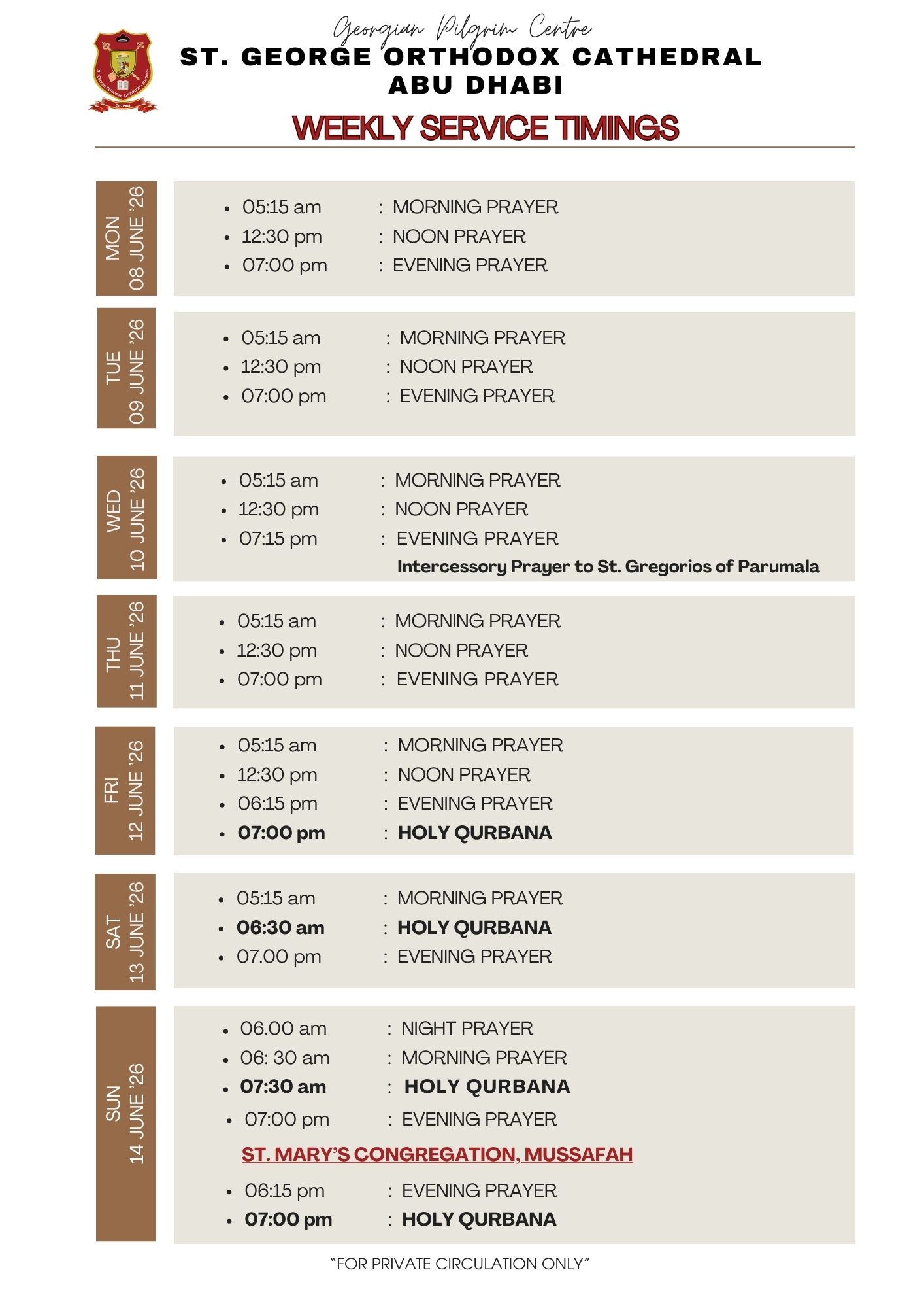 Weekly Service Timing (08 June - 14 June)