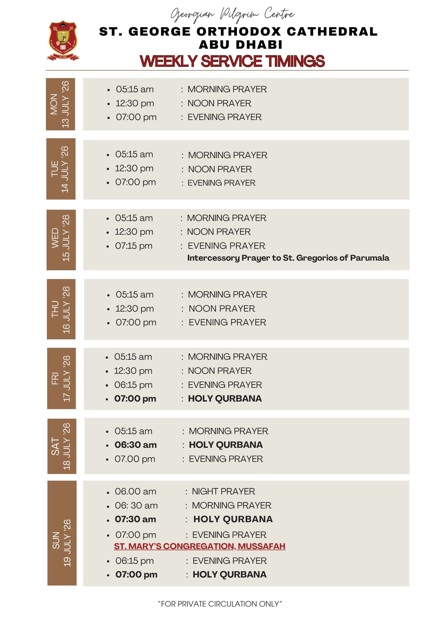 Weekly Service Timing (13 to 19 July)
