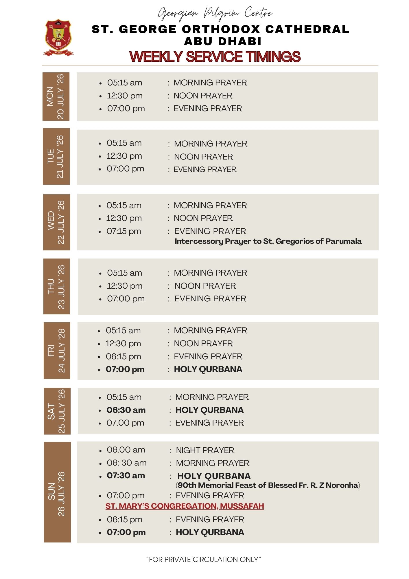 Weekly Service Timing (20 - 26 July)