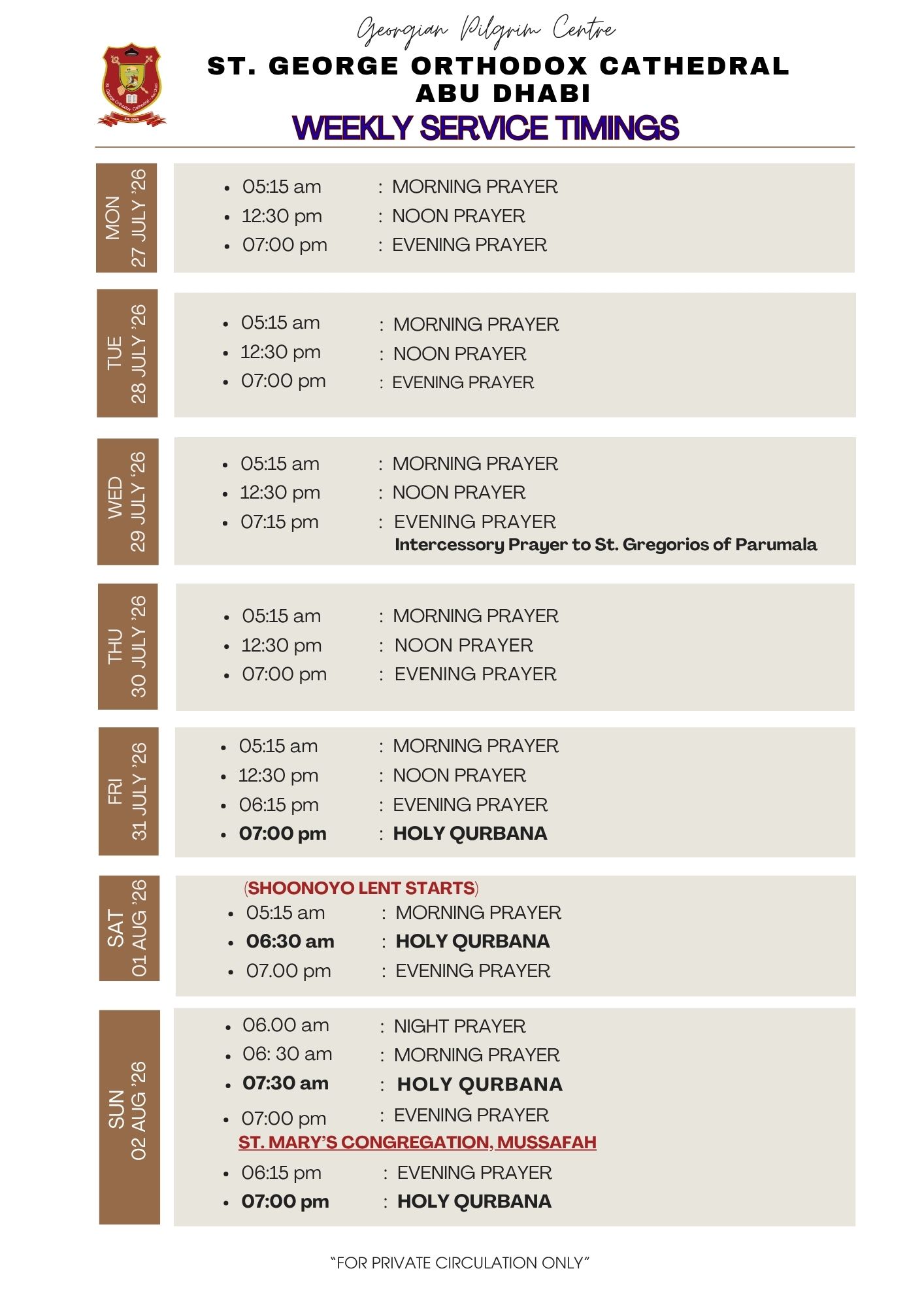 Weekly Service Timings ( 27 July - 02 Aug)