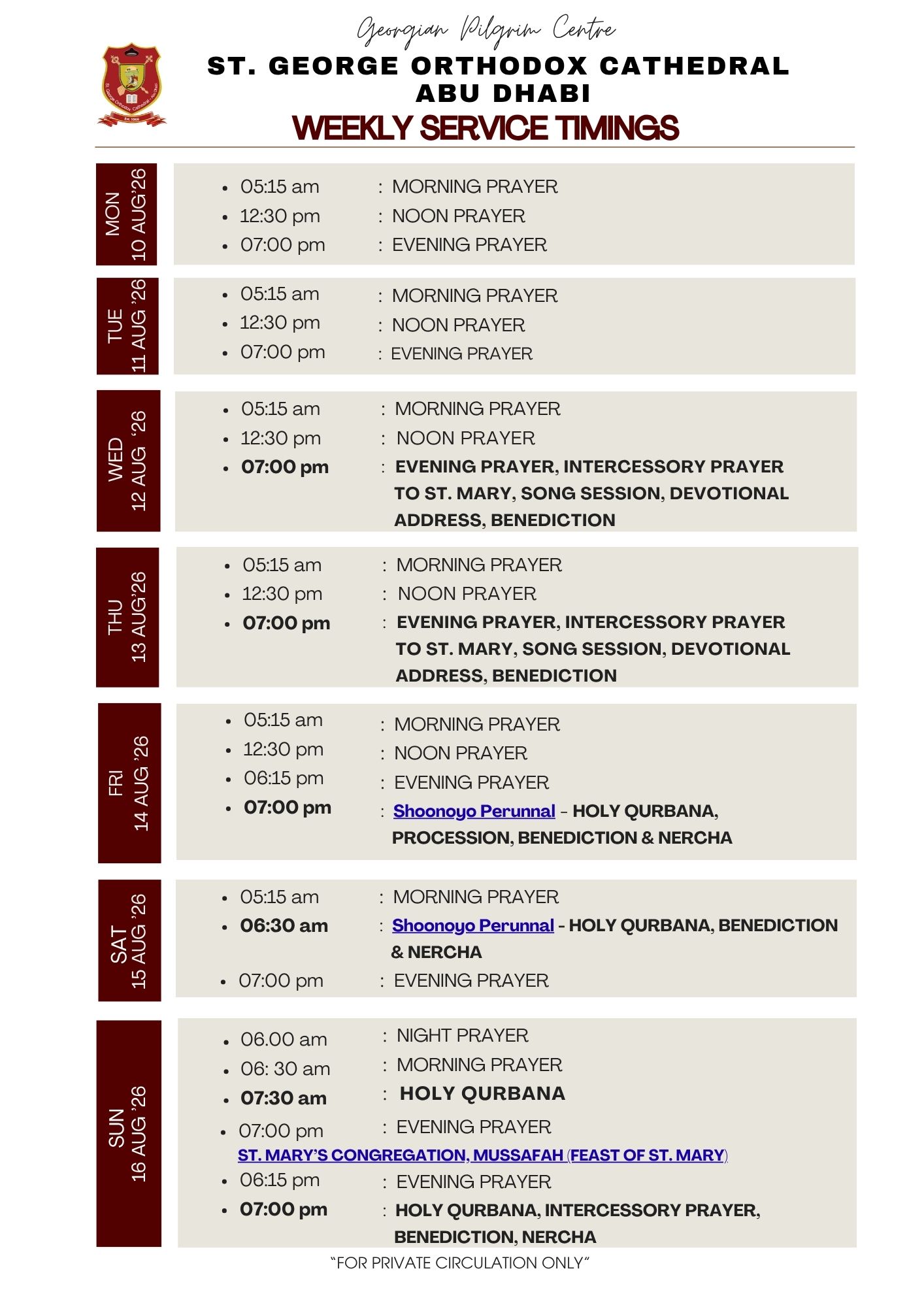 Weekly Service Timing (10 Aug - 16 Aug)