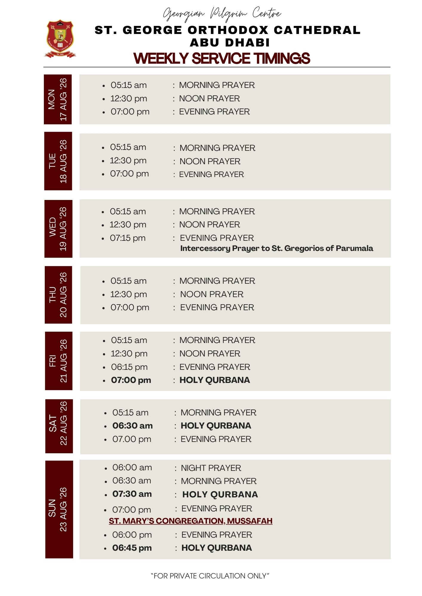 Weekly Service Timing (17 Aug - 23 Aug)