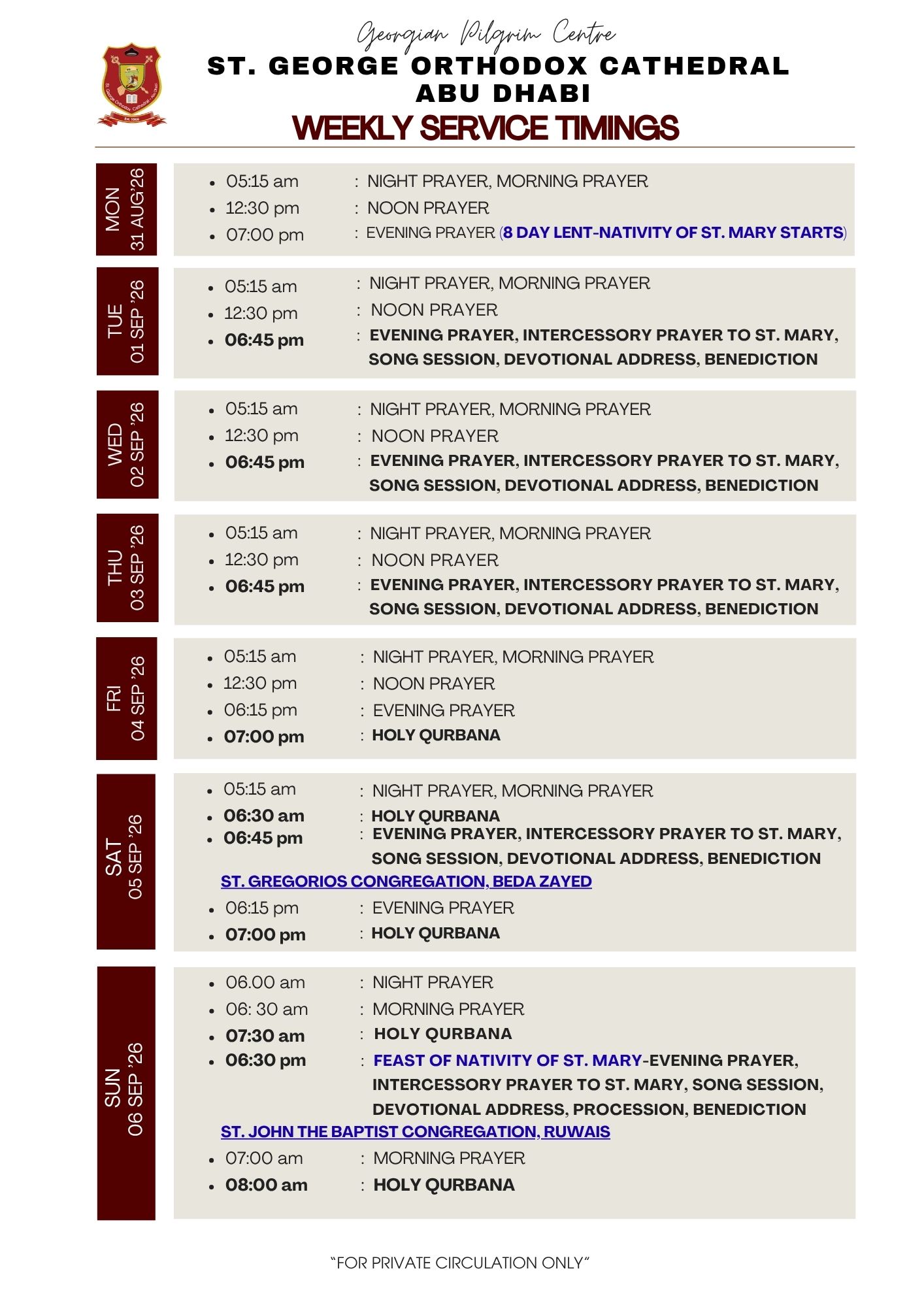 Weekly Service Timing (31 Aug - 06 Sep)