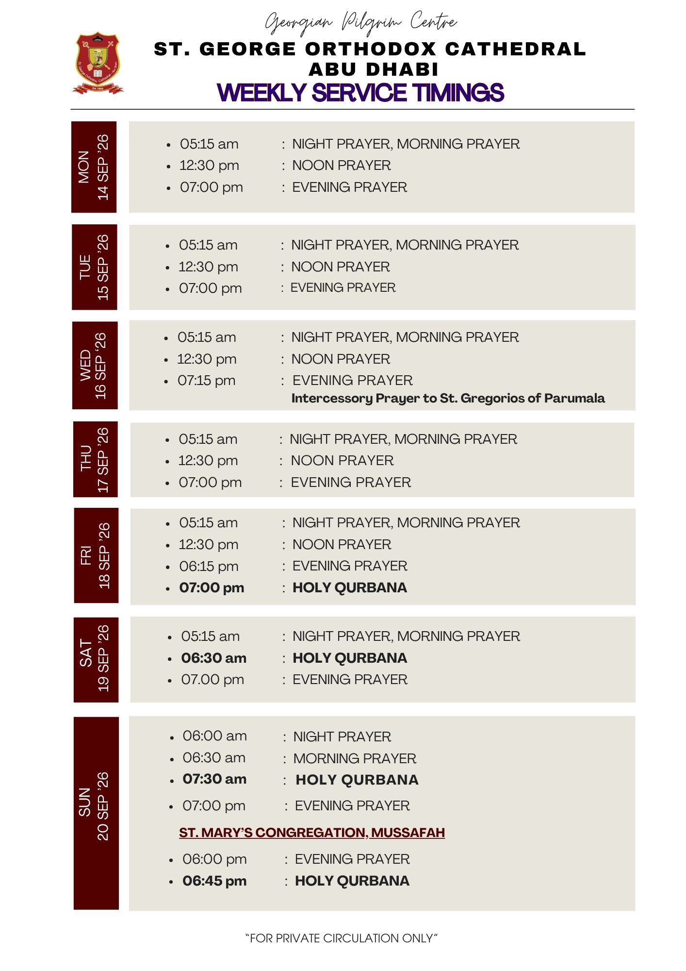 Weekly Service Timing (14 Sep - 20 Sep)