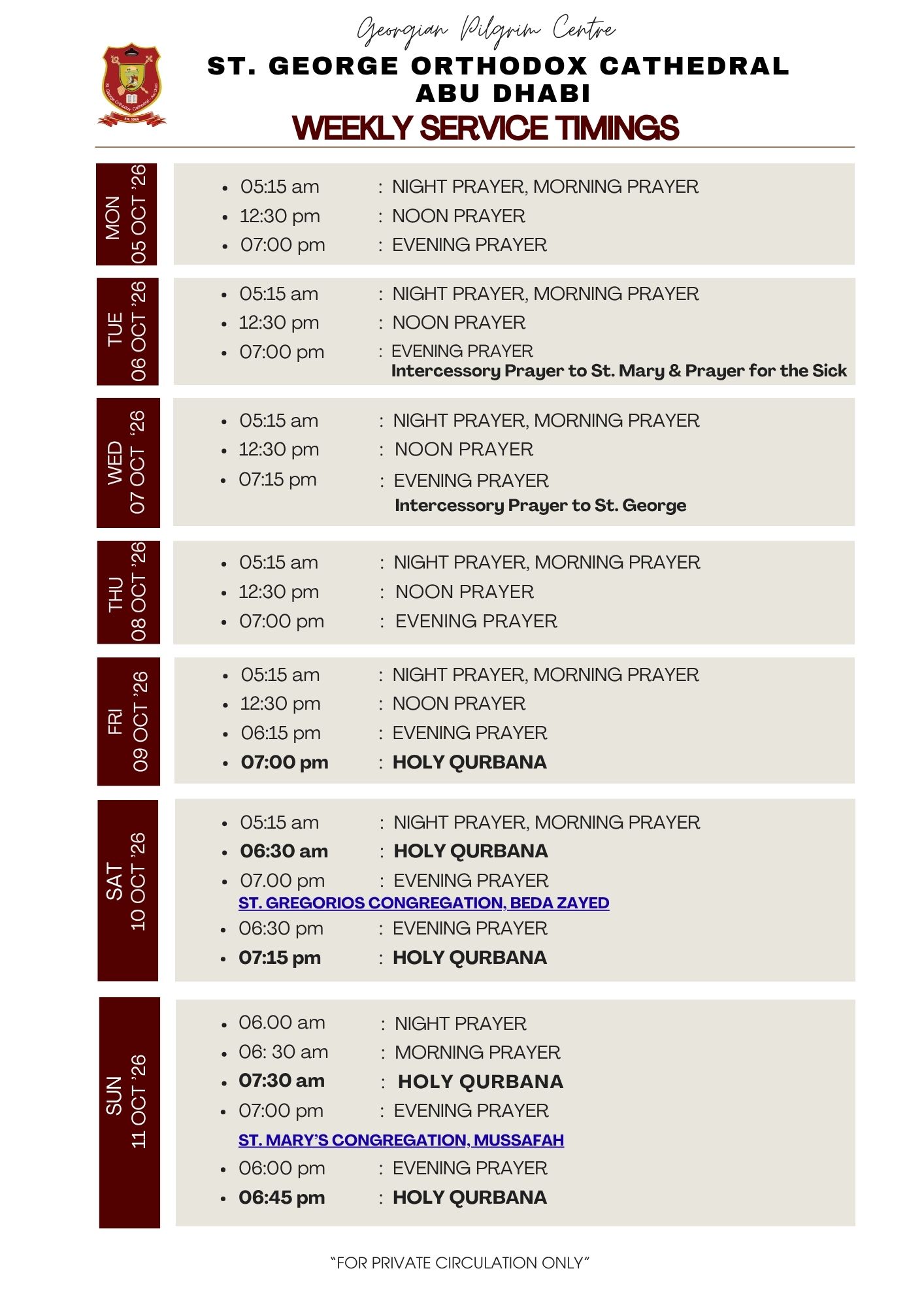 Weekly Service Timing (05 Oct - 11 Oct)