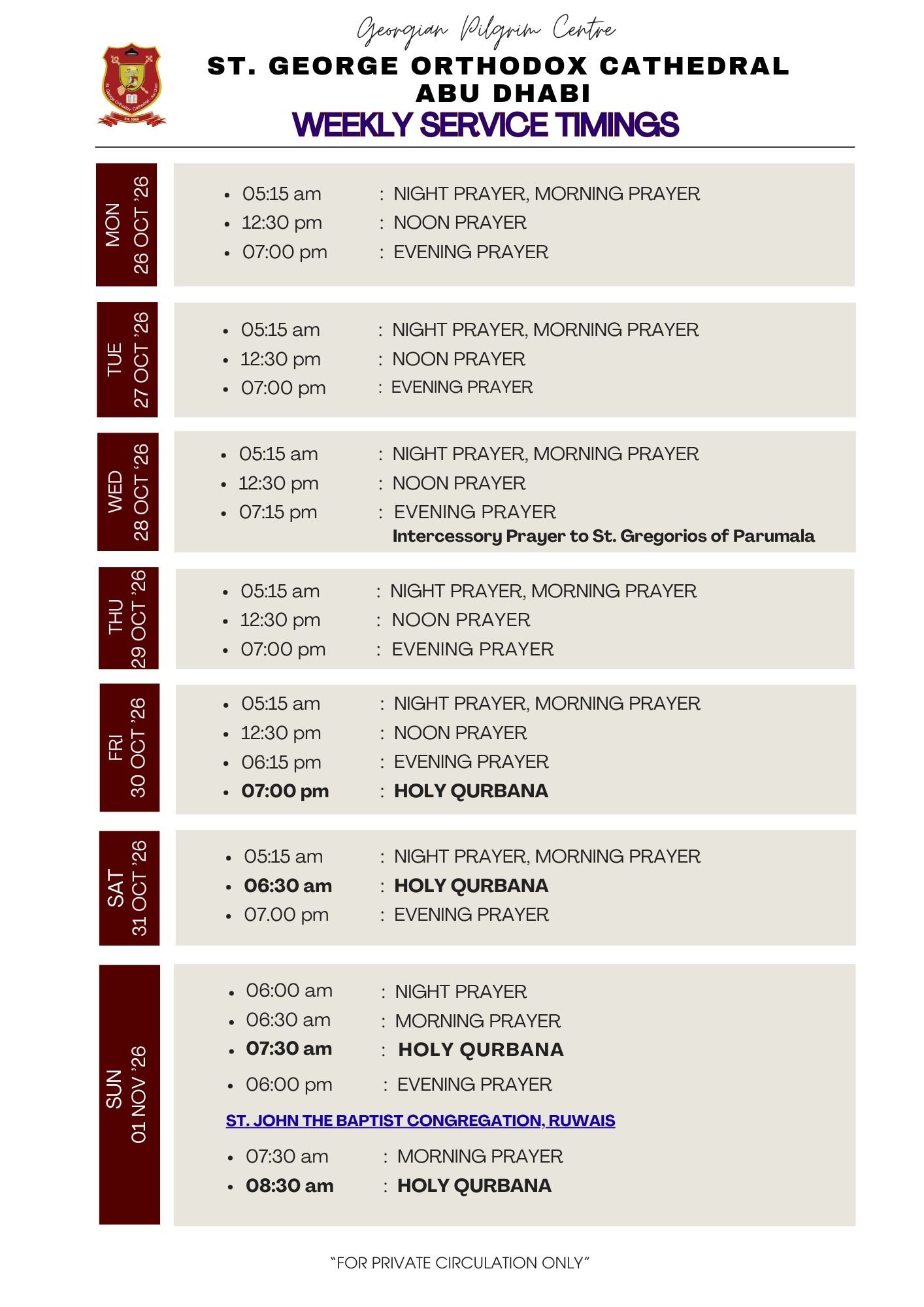 Weekly Service Timing (26 Oct - 01 Nov '26)